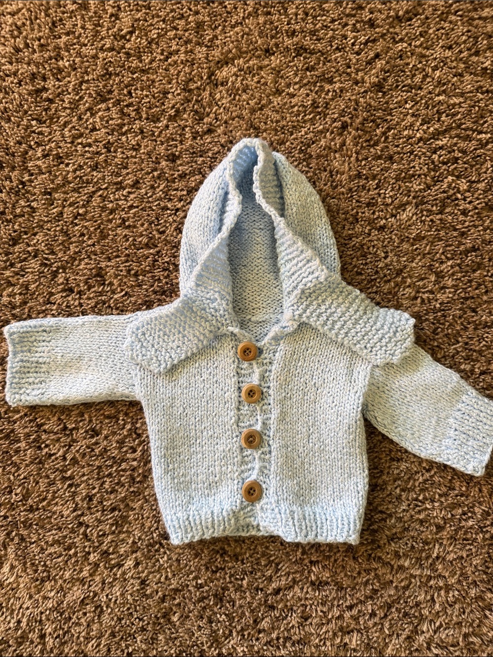 Hand-Knit Light Blue Baby Hooded Cardigan